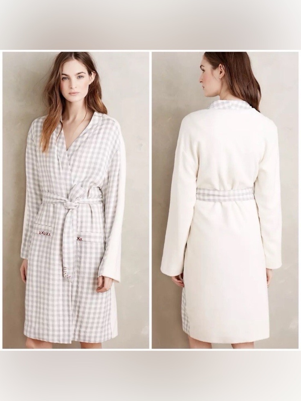 Cozy Gingham Tie-Waist Robe in Light Gray and Cream